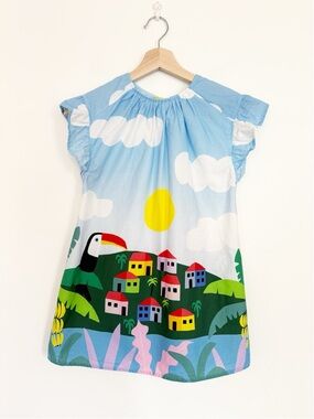 Fabula by Farm Rio || Calhaus Toucan City Town Print Dress Palm Banana Blue 8